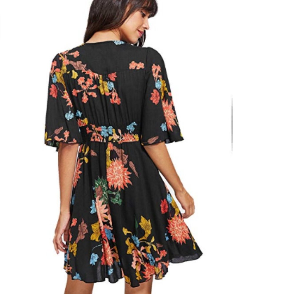 Women Boho ButtonUp Split Floral Print Party Dress - Picture 2 of 7